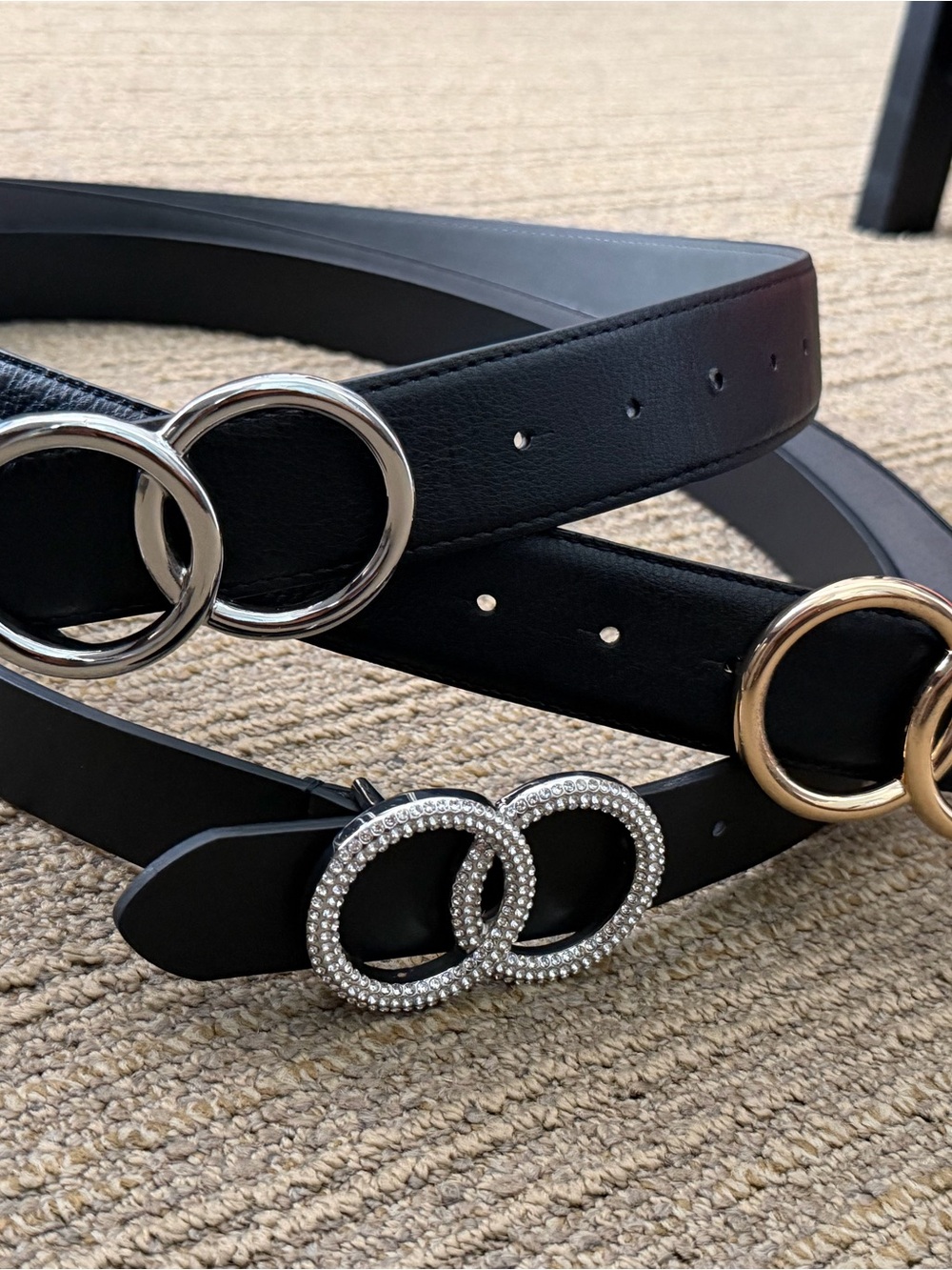 Black Double-Ring Women's Belts with Decorative Buckles - Set of 3